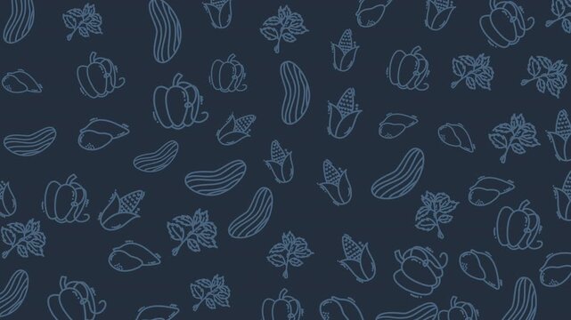 Looping seamless pattern with hand drawn vegetables on dark blue background. Perfect for organic food, farm, or kitchen-themed designs.