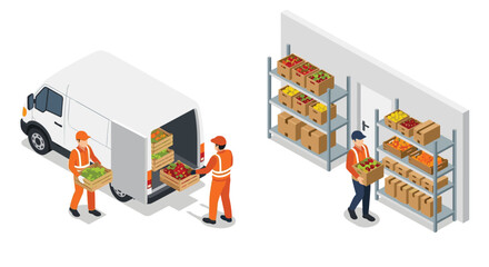 Efficient food distribution with workers loading fresh produce from van to storage, perfect for showcasing logistics and supply chain solutions