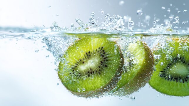 fresh kiwi slices splashing in clear water, vibrant green texture, dynamic droplets, bright clean background, soft natural lighting, minimalistic
