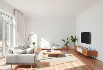 Fototapeta premium Minimalist white & wood living room Modern furniture, clean lines, natural light, natural, calm