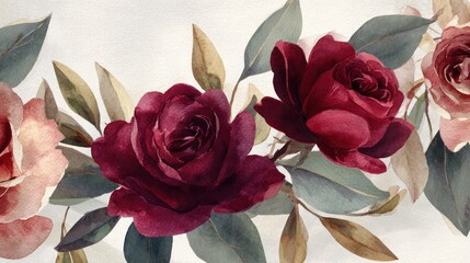 Watercolor floral arrangement of vibrant red and pink roses with green leaves