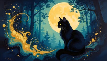 Fantasy night forest scene with black cat, golden swirls, and full moon glow