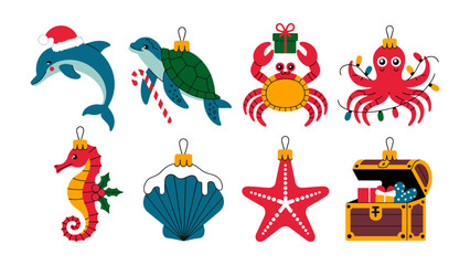 Underwater Holiday: A festive collection of marine life ornaments. Decorated for the holiday, this underwater scene brings a touch of seasonal joy. 