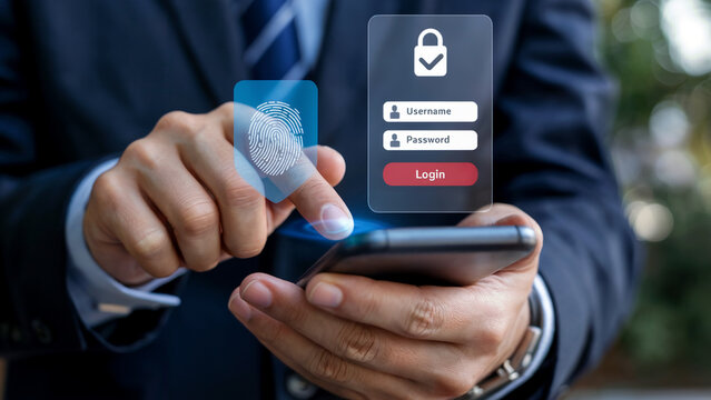 Secure access through biometric fingerprint authentication on smartphone, businessman login with password for data protection, modern cybersecurity solutions