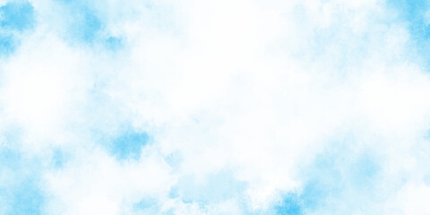 Refreshing sky blue watercolor texture with smooth  clouds or fog,  dreamy blue sky with watercolor white stains patterns for artistic design projects.
