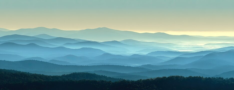Layered blue mountain range under a calming gradient sky. Rolling hills. Misty atmosphere. Serene vista