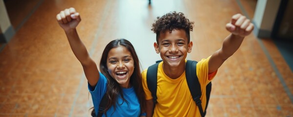 Two teen students smile joyfully raising fists. They wear backpacks. Happy schoolmates indoors celebrate success. Boy and girl together feel powerful. They are excited and ready for new challenges.