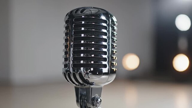 Elegant retro chrome microphone with a shiny metallic finish and warm blurred bokeh lights ideal for music recording live performance and podcasting projects