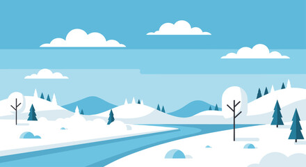 Serene winter wonderland with snow-covered hills, trees, and a winding river under a cloudy sky evokes peaceful holiday vibes