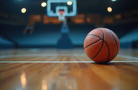 Orange basketball rests on polished wood court floor, hoop and stadium seating blurred behind. Indoor sports arena ready for game, competition or practice. Ready for action.