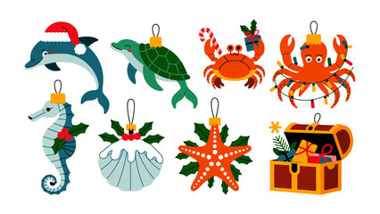 Fototapeta premium Festive Oceanic Ornament: A collection of charming oceanic ornaments, with creatures, each adorned in festive attire, evoking a sense of joy and celebration.
