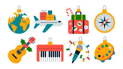 Fototapeta premium Festive Ornament Collection: A collection of meticulously crafted Christmas ornaments, each one a delightful symbol of travel, music, and holiday cheer.
