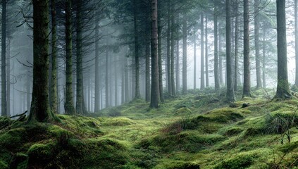Misty forest with mossy ground and tall trees. Foggy and serene nature scene
