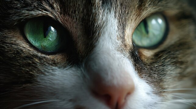Emerald Gaze: A captivating close-up of a domestic feline, showcasing striking emerald green eyes that exude an air of mystery and introspection. The captivating gaze draws the viewer in.