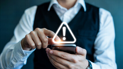 Stay alert with cybersecurity risks businessman checking warning message on his phone, protecting data with digital safety solutions and mobile security