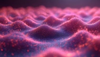 Abstract 3D waves flow with sparkling pink and purple particles. Smooth undulations create a gentle, luminous texture. Soft light emanates from the blurred background. Futuristic fluid motion.