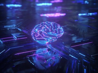 A neon blue purple glowing digital brain visualization with futuristic technology and artificial intelligence nuances.