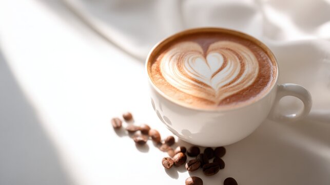 single coffee cup with heart latte art, angled side view, few roasted coffee beans scattered, soft warm lighting, bright minimalistic background