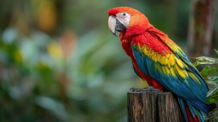 Obraz premium Scarlet Macaw Perched: A vibrant scarlet macaw with its striking red, blue, and yellow plumage perches regally, set against a blurred background of lush greenery.