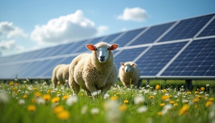 Sheep graze in solar farm. Renewable energy source with animal agriculture synergy. Green eco grass field with flowers and blue photovoltaic panel array. Nature sustainability solution.