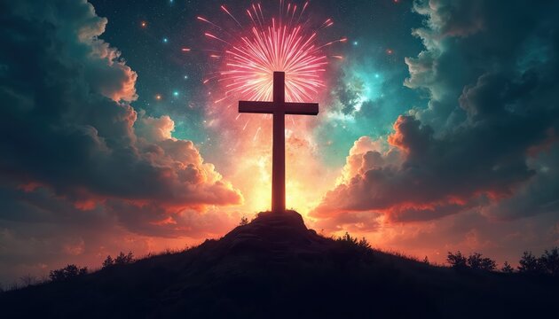 Cross stands silhouetted on hill. Fireworks burst in colorful sky, light up dramatic clouds. Stars shine above sunset horizon. Image conveys faith, celebration, spiritual joy, hope, divine light at