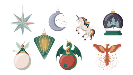 Whimsical Christmas Ornaments: A charming array of festive ornaments each with a unique celestial or mythological theme, adding a touch of magic and wonder to the holiday spirit.