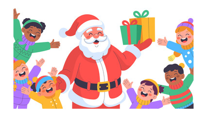 Christmas cheer: jolly figure surrounded by gleeful children exchanging gift of joy for everyone.
