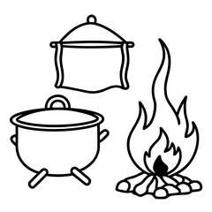 Campfire cooking pots and flames illustration