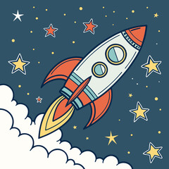 Cartoon rocket ship blasting off into a starry night sky