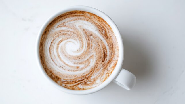 single coffee cup with swirl latte art, close up macro view, isolated on clean white background, subtle shadows, soft natural lighting, minimalistic