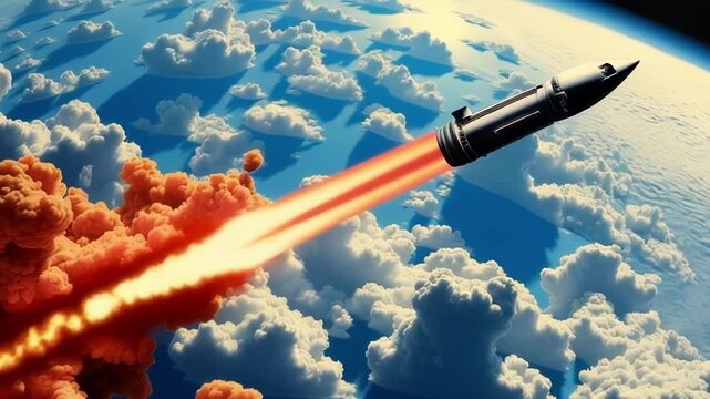 A missile with a nuclear warhead flies above the Earth, invincible force and danger