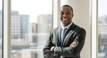 Medium shot of an African American male executive standing confidently in a bright office, arms crossed, smiling directly at the camera, leadership portrait.