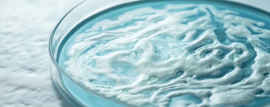 Petri dish, lab, science, research, experiment, white substance, blue liquid, close-up
