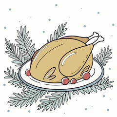 Festive roasted turkey with pine sprigs and berries