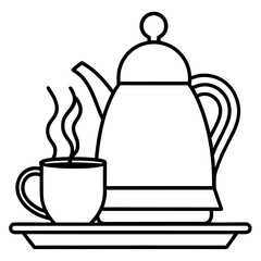 Hot beverage set with teapot and steaming cup on tray