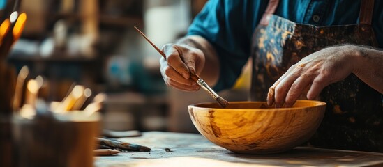 Artisan paints wooden bowl, workshop background