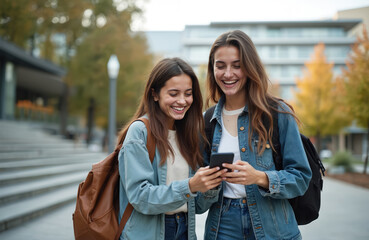 Two girls look at phone screen, laugh in campus. Female students watch funny content. Young friends use modern mobile. Girlfriends hold smartphone outdoors. People smile on university street enjoy