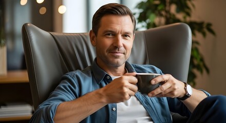 A middle-aged man is seen in a medium shot sitting comfortably in an office lounge chair, clutching a cup of coffee and grinning softly. He is a laid-back businessman who prioritizes comfort.