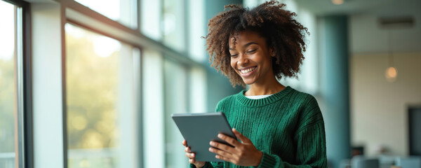 Happy black woman uses tablet. Smiling african woman looks at tablet screen in office or home. Lady wearing green sweater uses portable device. She enjoys tech. Window behind her.