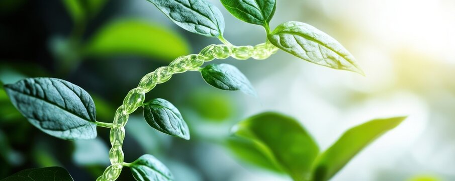 Green plant stem, DNA chain, growth, sunlight, nature. Eco banner