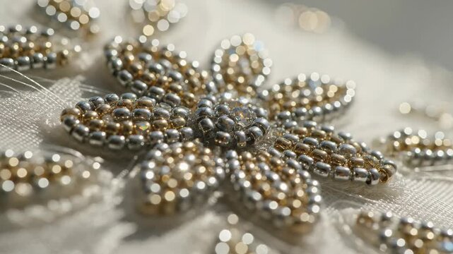 Close up of beaded flower design on white fabric, macro detail