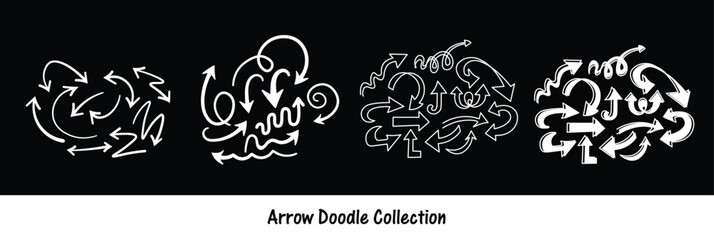 Collection of hand drawn white arrows in various styles and directions on a black background, doodle art