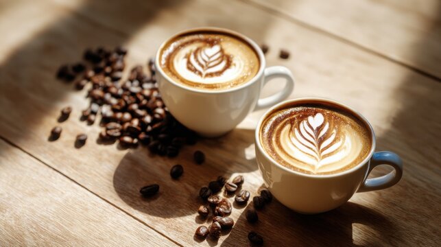 two coffee cups with detailed latte art on wooden table, roasted coffee beans scattered, soft shadows, bright clean minimalistic style - Powered by Adobe