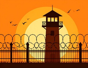 Silhouette prison tower with barbed wire against a sunset, birds