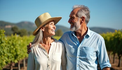 Elderly man and woman happily gaze at each other in vineyard estate. Couple enjoys sunny day outdoors among grapevines, reflecting a fulfilling life.