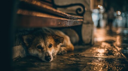 Solitude in Shadows: A solitary dog finds refuge beneath a bench in a dimly lit, atmospheric setting, conveying a sense of melancholy and introspection.