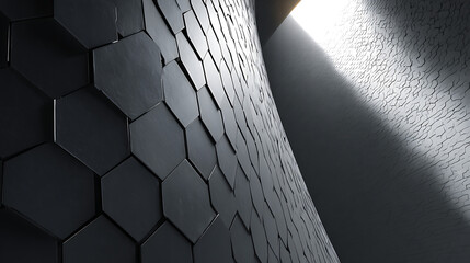 Dark hexagonal tiles on curved building facade with light architectural detail modern facade