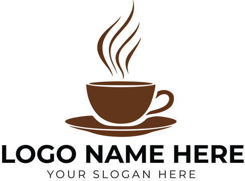 Coffee cup logo vector with steam and saucer in brown tones for café, beverage brand, or food service identity