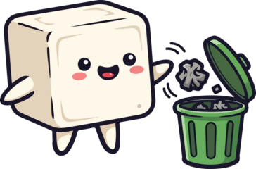 Cute Tofu Character Throwing Crumpled Paper Into Green Trash Can, Kawaii Style