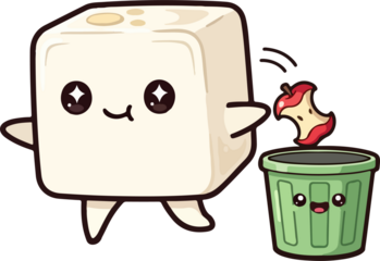 Cute Tofu Character Disposing of Apple Core in Trash Can